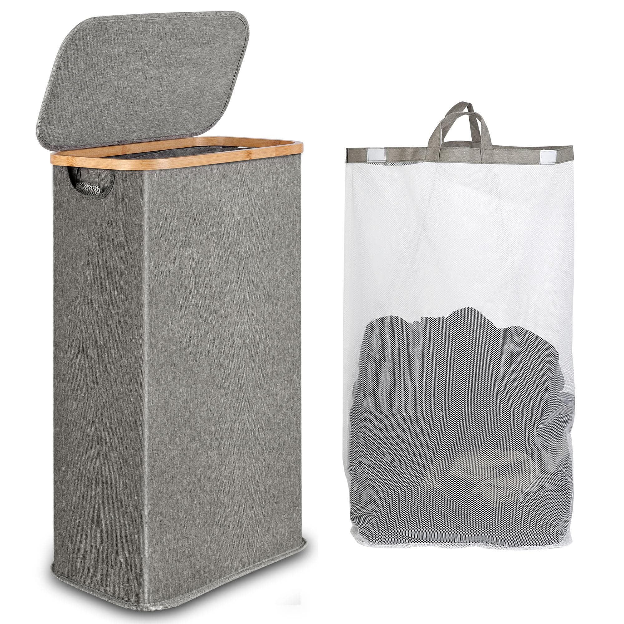iEGrow Wäschekorb mit Deckel 60L - Wäschesammler Bambus (Grau)