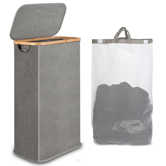 iEGrow Wäschekorb mit Deckel 60L - Wäschesammler Bambus (Grau)
