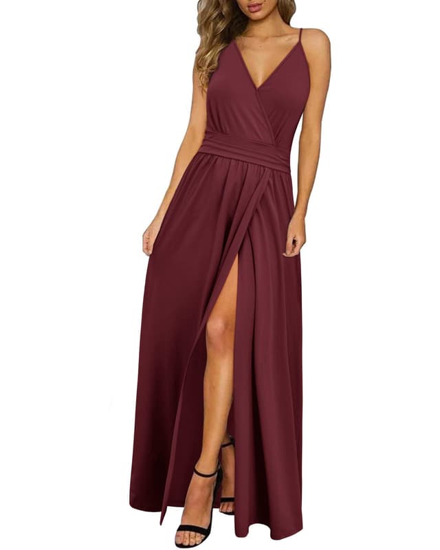 👗🌺 Maxikleid Sommer Damen V-Ausschnitt Schlitz Elegant Spaghettiträger Freizeitkleid