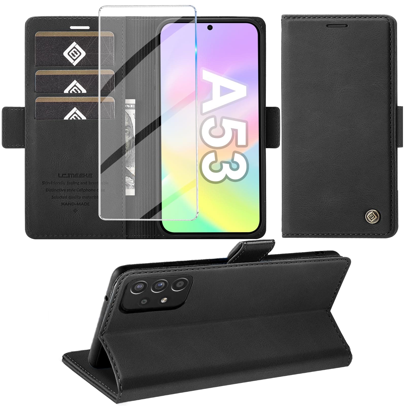 Samsung Galaxy A53 5G Hülle mit Panzerglas Schutzfolie 💖 - Premium Leder Schutzhülle Schwarz
