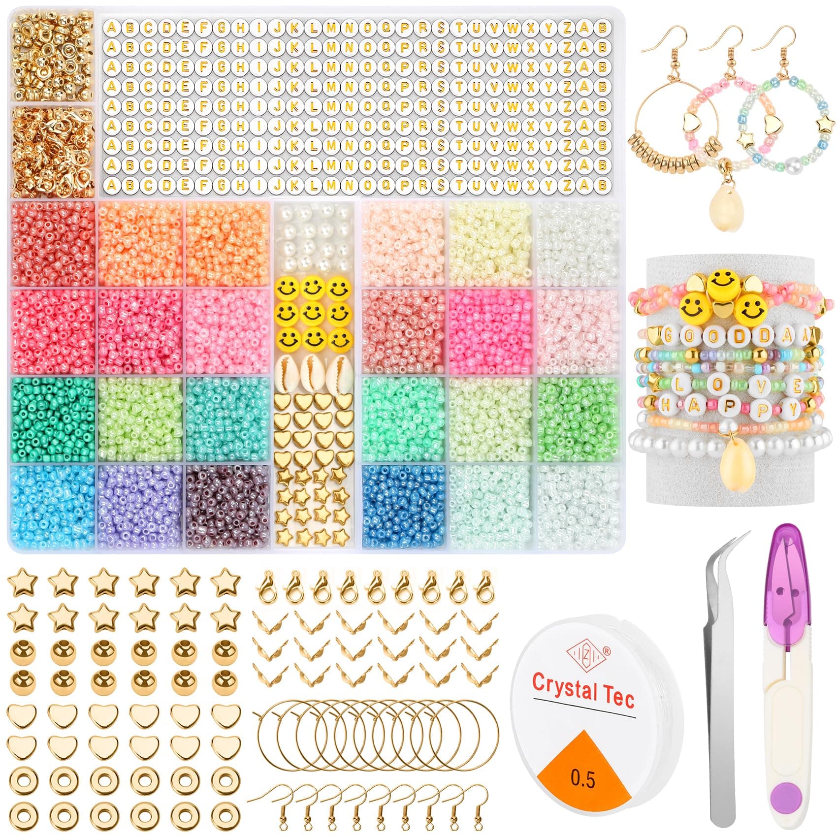 NORSHY Perlen zum Auffädeln - Glasperlen Set mit 24 Macaron Farben und Buchstabenperlen