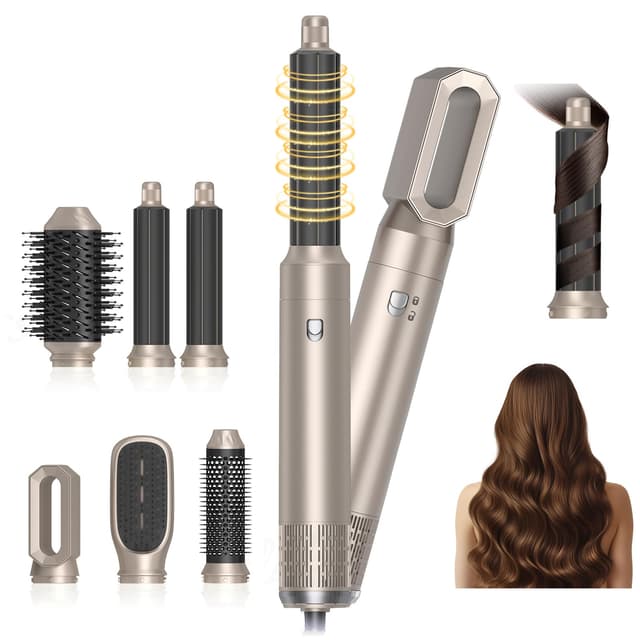 6 in 1 Hairstyler Set, Air Styler mit 1000W Haartrockner, Rundbürstenföhn, Lockenstab, Warmluftbürste - Gold