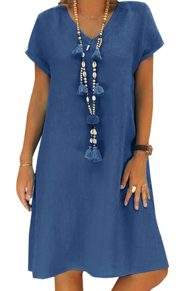 Sommerkleid Damen Leinen Kleider Casual V-Ausschnitt Midikleid Kurzarm A-Linie Kleid Strandkleid L A Blau 🌞👗