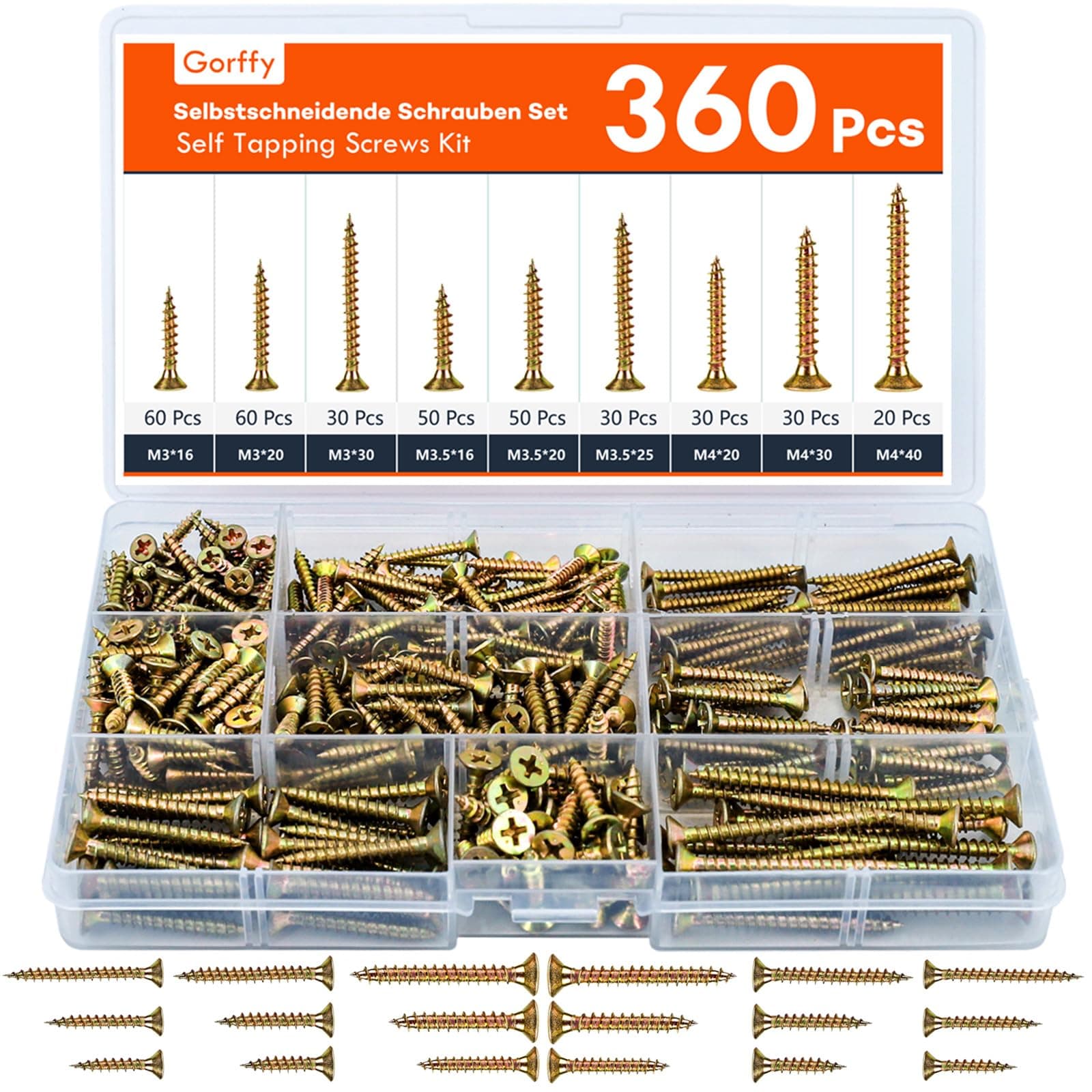 Gorffy Schrauben Set, 360 PCS Holzschrauben mit Senkkopf Multicolored 360 🛠️