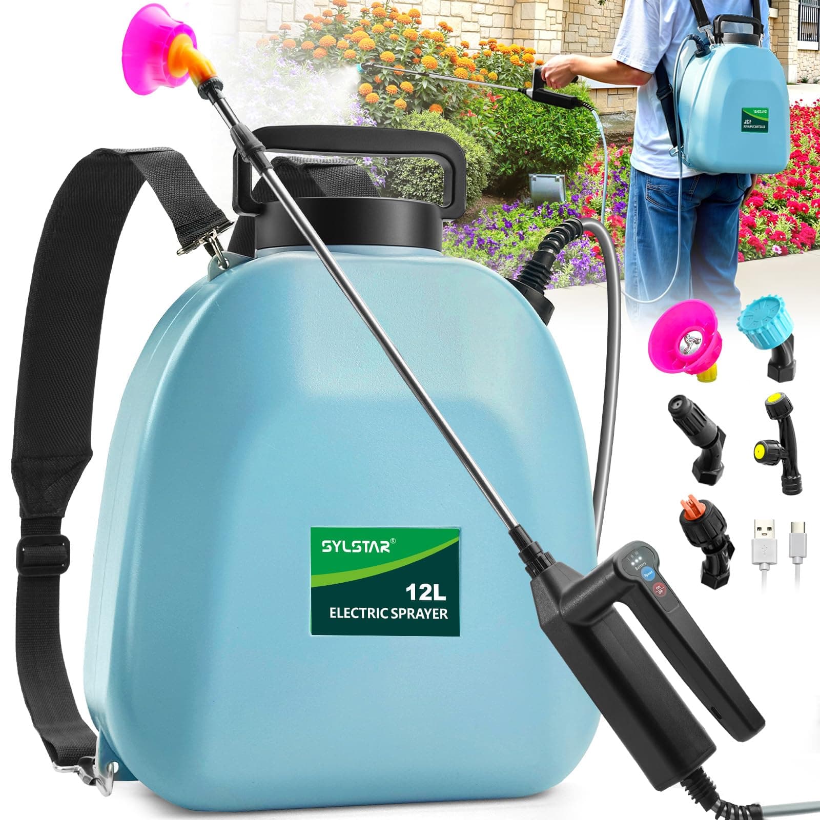 🌿🌼 SYLSTAR Drucksprüher 12 Liter | Elektrischer Pflanzensprüher 🌱🚿