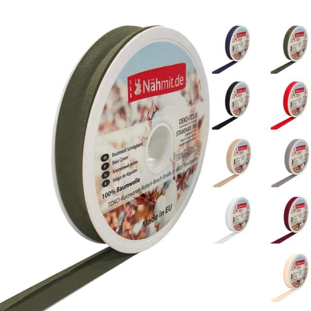 🧵 Nähmit 25m Rolle Baumwoll Schrägband, 100% Baumwolle 20mm Breit - 40/20 vorgebügeltes Schrägband (A17-Olivegrün, 25m Rolle) 25m Rolle A17-olivegrün