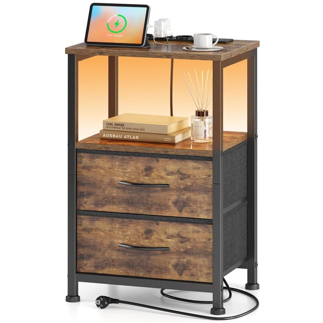 Yornoli Nachttisch mit LED & Ladefunktion, Beistelltisch mit Schublade
