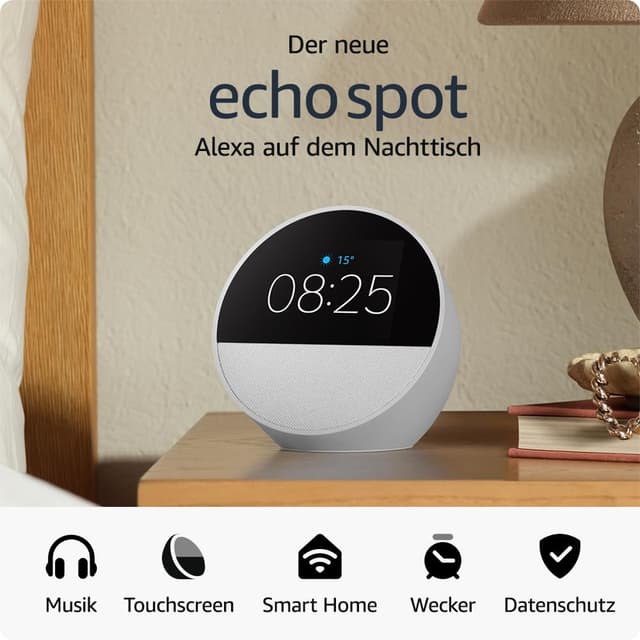 🌟 Zertifiziert und generalüberholt Amazon Echo Spot (2024) | Smarter Wecker mit sattem Klang und Alexa, Weiß 🌈