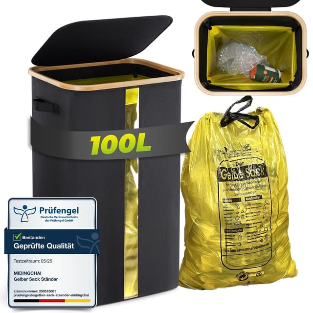 🗑️ Mülleimer Ständer für Gelbe Säcke 100L mit Bambusdeckelrand und Sichtfenster