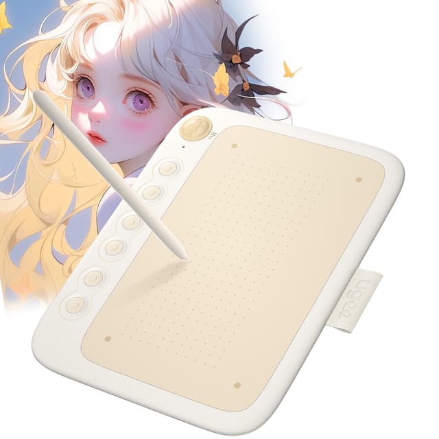 Ugee Q6 Grafiktablett 6 x 4 Zoll Tragbares Zeichentablett mit integriertem Typ-C-Kabel für digitales Zeichnen Online-Lektionen, Beige Q6-Beige 🎨✏️