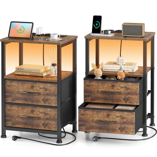 Yornoli Nachttisch 2er Set mit LED & Ladefunktion 🌟 Vintage Braun 40T x 30B x 60H cm