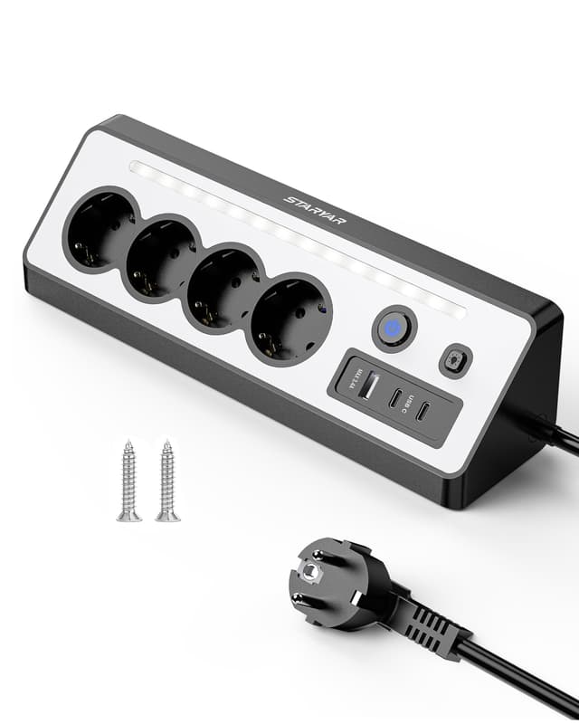 🔌 Desktop Steckdosenleiste: 4 Fach Mehrfachsteckdose mit USB und 2 Type-C, 16A 3680W Ecksteckdose