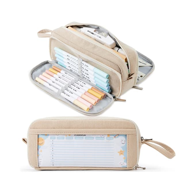🎒 KALIDI Federmäppchen mit 3 Fächer Große Kapazität Mäppchen Federtasche Stiftetasche Pencil Case Bleistifttasche für Schule & Büro Cord-Stoff Khaki