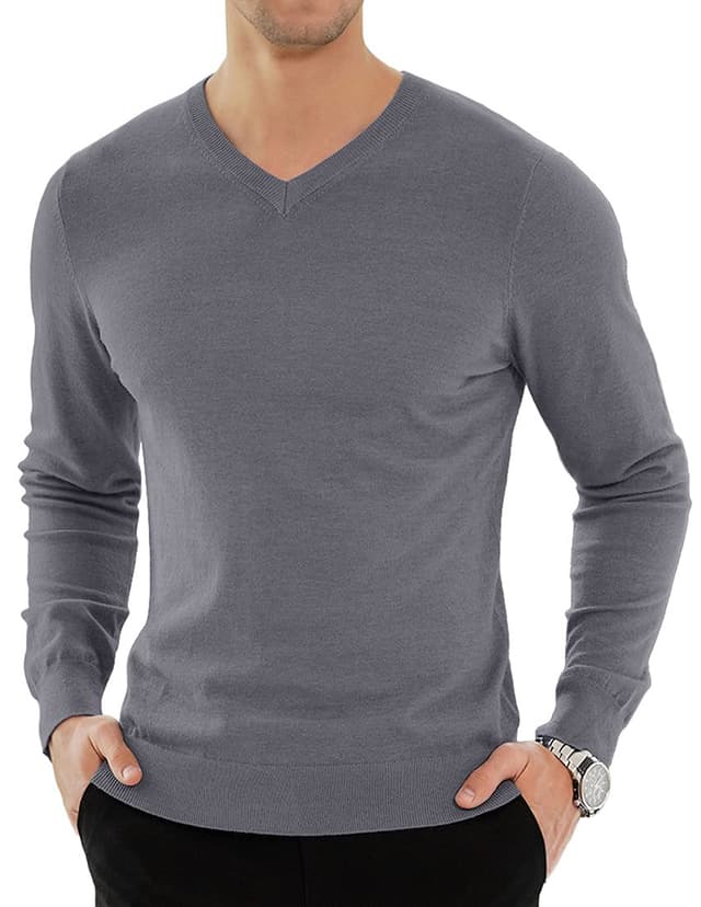🔥 KUYIGO Herren Plain V-Ausschnitt Pullover Slim Fit Knitted Casual Langarm Pullover Pullover Soft Warm Top Arbeit Büro Smart S-XXL XXL Dunkelgrau