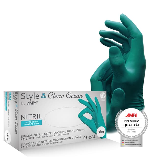 🧤 AMPri Nitrilhandschuhe, türkis, 100 Stück/Box, Größe M, puderfrei - CLEAN OCEAN by Med-Comfort