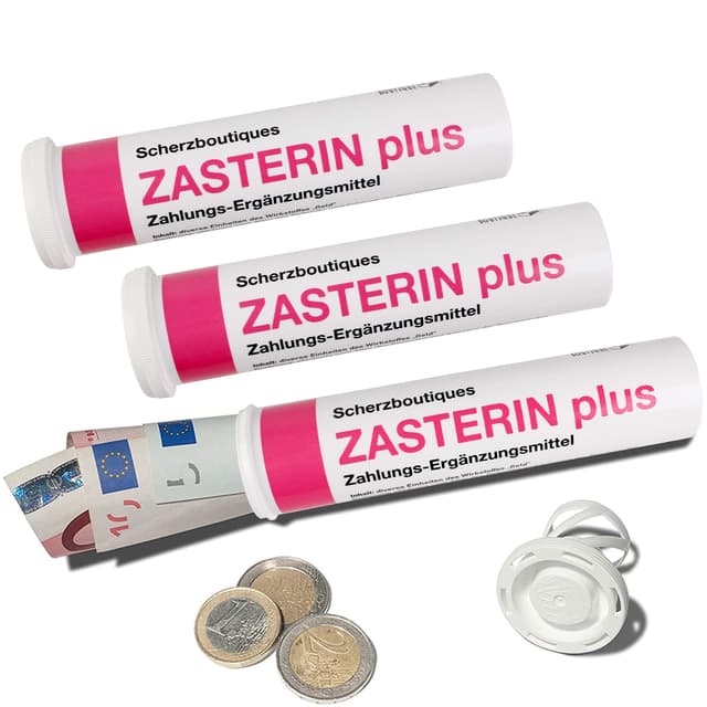 Angebot: 3er-Pack ZASTERIN plus Geld- & Geschenkröhrchen im Medikamenten-Stil 🎁