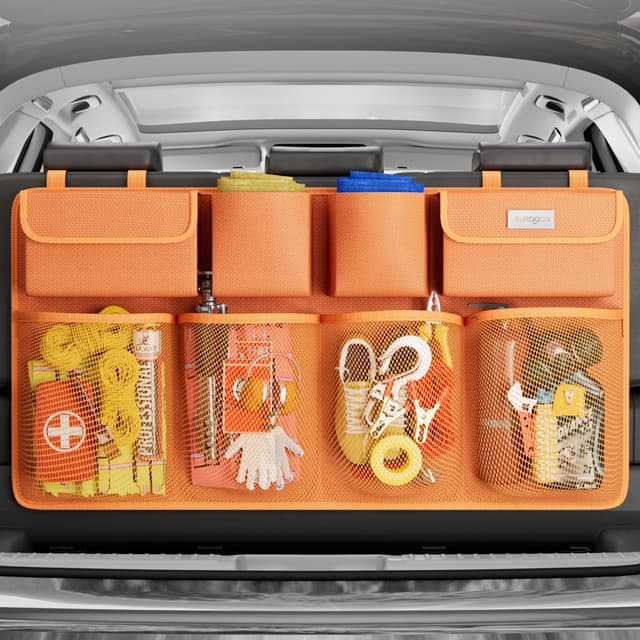 🚗 SURDOCA 3rd Gen Kofferraum Organizer, Auto Aufbewahrung mit 8 Große Taschen, Stärker Autobox Kofferraum Klettverschluss, Universal Kofferraumtasche Autotasche Orange XL-110x48 cm