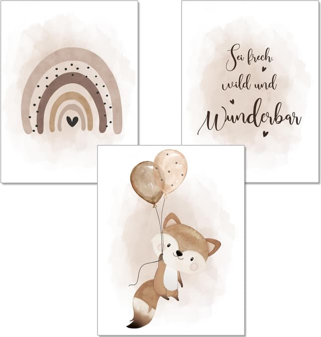 artpin® Poster Kinderzimmer Deko - 3er Set Bilder Babyzimmer Sand Beige für Junge Mädchen 🦊🎈