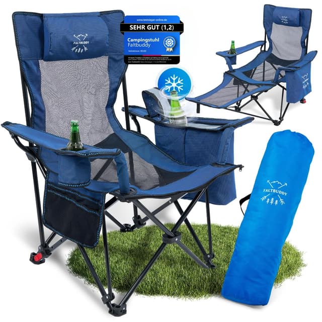 Faltbuddy® Campingstuhl faltbar & Liegestuhl klappbar 2in1 blau [XXL Kühltasche]