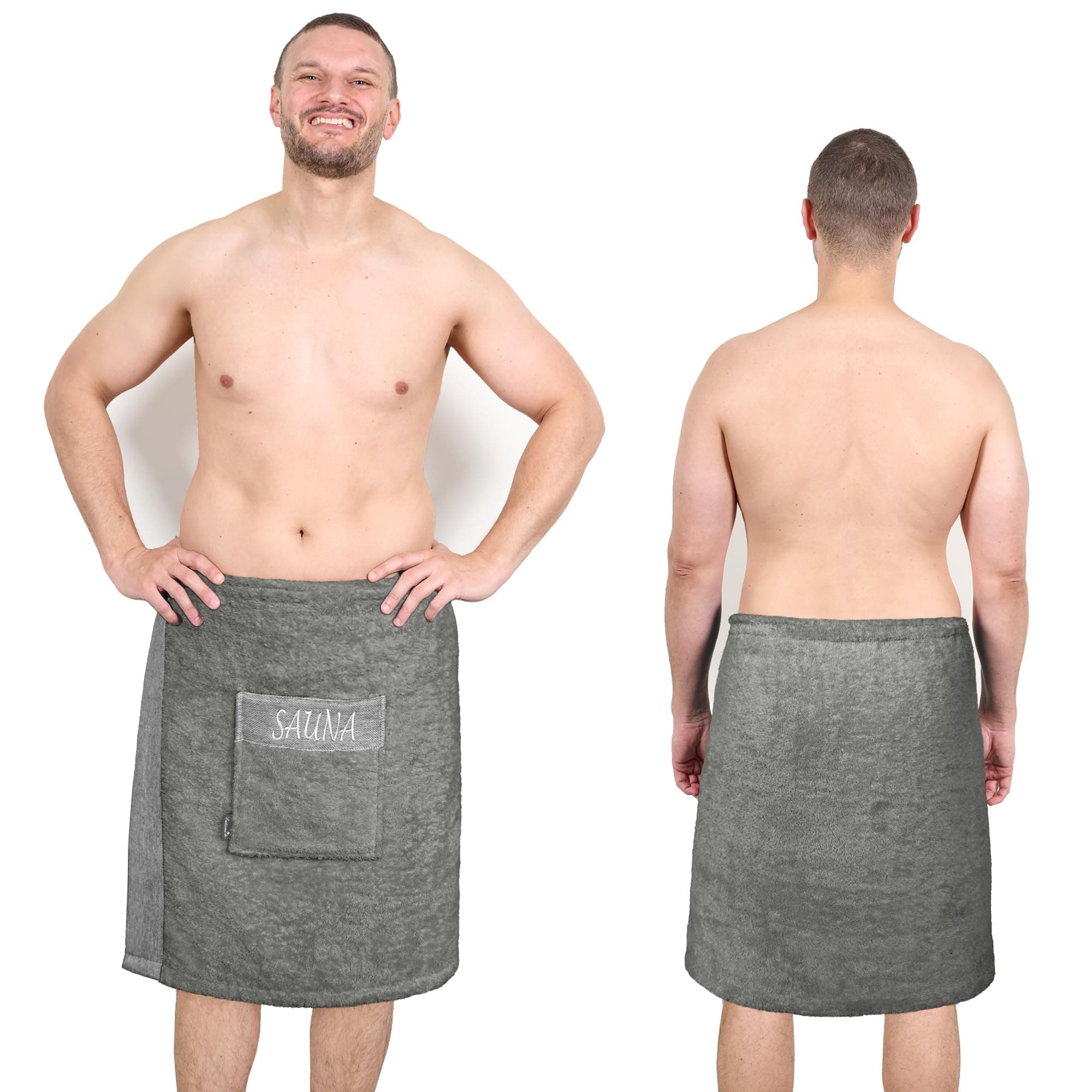 Premium Saunakilt für Herren in Grau 55x140 cm | Lima Saunahandtuch mit Klettverschluss