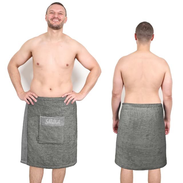 Premium Saunakilt für Herren in Grau 55x140 cm | Lima Saunahandtuch mit Klettverschluss