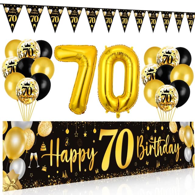70. Geburtstag Deko Set - Happy Birthday Banner Schwarz Gold 🎉🎈🎂
