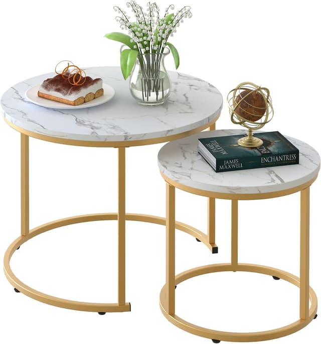 Rund Couchtisch Set 🛋️ 2er Satztisch Wohnzimmer Holz Marmor Gold Weiß+Gold