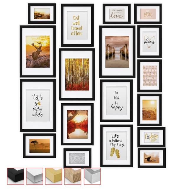 bomoe 18er Bilderrahmen Set 🖼️🖼️🖼️ - Holz & Kunststoffglas Schwarz