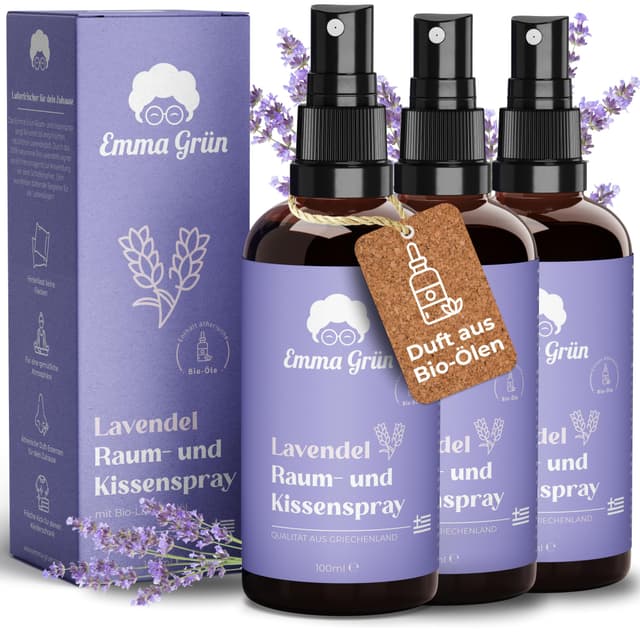 Emma Grün® Lavendelspray & Kissenspray 3x 100ml [BIO-QUALITÄT] 🌿💤 - Lavendelduft für Zuhause