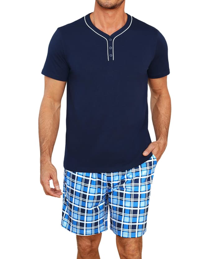 🌙 Demegimi Schlafanzug Herren Kurz Pyjama Set Baumwolle Sommer Shorty Nachtwäsche Kariert Pyjamaset Männer Blau-1 M