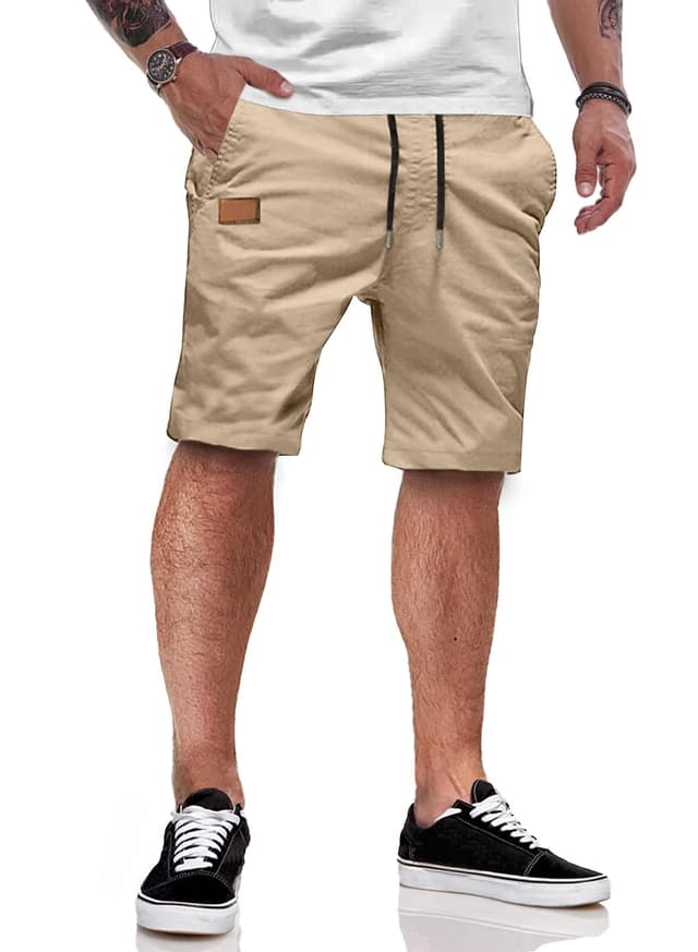 JMIERR Kurze Hosen Herren Shorts Herren Sommer Chino Baumwolle Elastische Taille mit Taschen L B Khaki 🩳