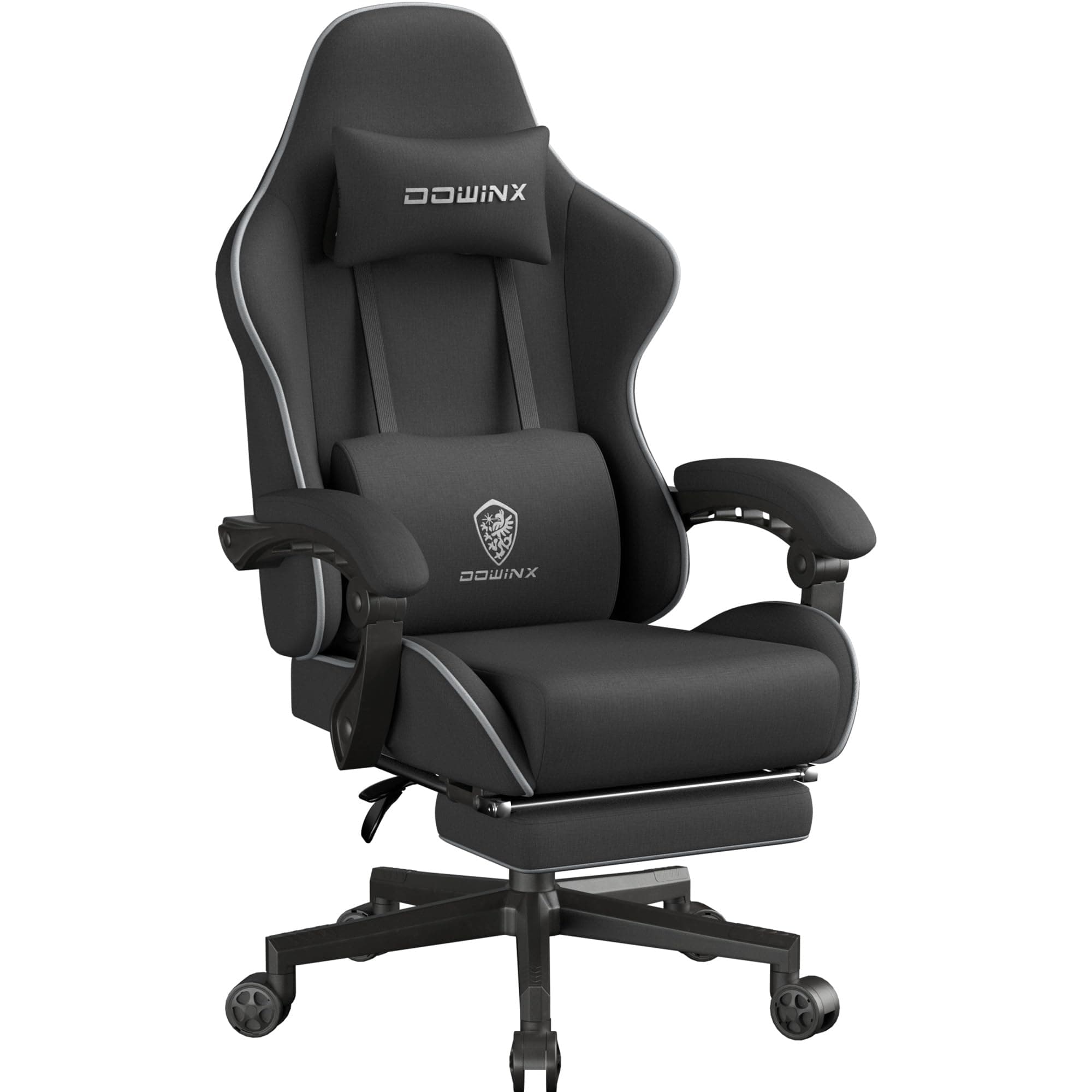 Dowinx Gaming Stuhl Tasche Frühling Kissen, Atmungsaktiver Bürostuhl aus Hochwertigem Stoff, Ergonomischer PC-Stuhl mit Kopfstütze (Schwarz) - Übergröße