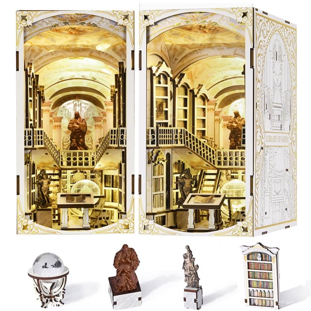 MiniCity Book Nook Kit - Miniatur-DIY - Puppenhaus - 3D-Holzpuzzle - Buchstütze - Bücherregal - Dekoration mit LED-Licht