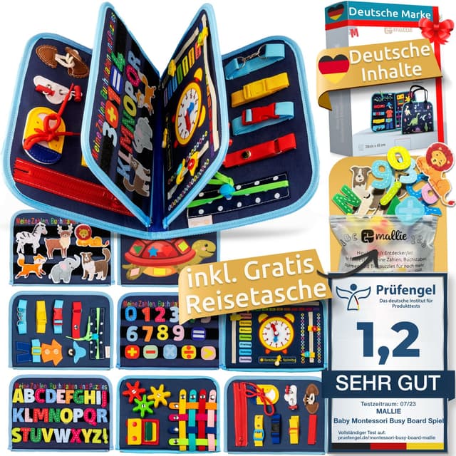 Mallie® Busy Board Deutsch inkl. Gratis Reisetasche & Montessori Buch 🧠✈️