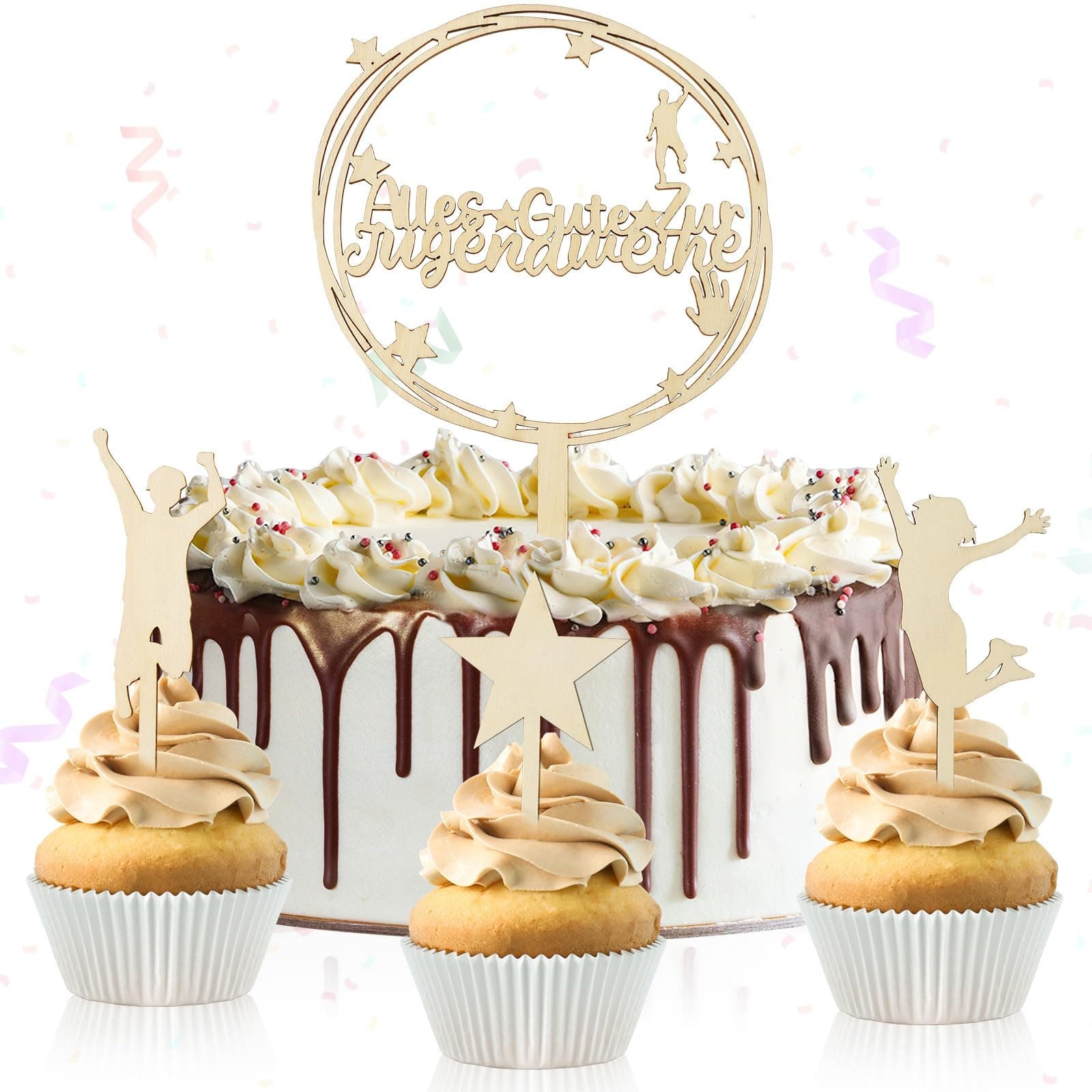🎉 JUNEBRUSHS Jugendweihe Tortendeko Holz, 4 Stück Jugendweihe Tortenaufsteller und Stern Cake Topper Kuchen Deko Jugendweihe 🎂