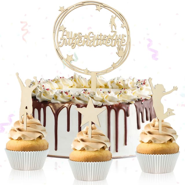 🎉 JUNEBRUSHS Jugendweihe Tortendeko Holz, 4 Stück Jugendweihe Tortenaufsteller und Stern Cake Topper Kuchen Deko Jugendweihe 🎂
