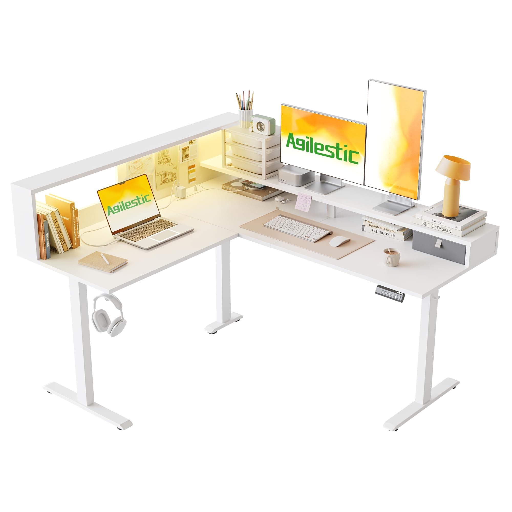 🌟Sonderangebot! Agilestic Höhenverstellbarer L-förmiger Schreibtisch 160 x 140 cm mit LED-Beleuchtung🌟
