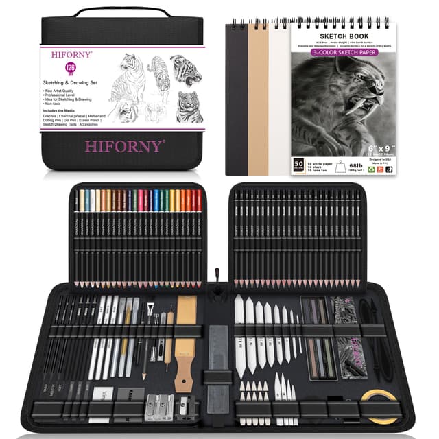 🎨 HIFORNY 126-teiliges Zeichenset: Skizzierstifte, Kunstzubehör und Skizzenbuch 🖌️