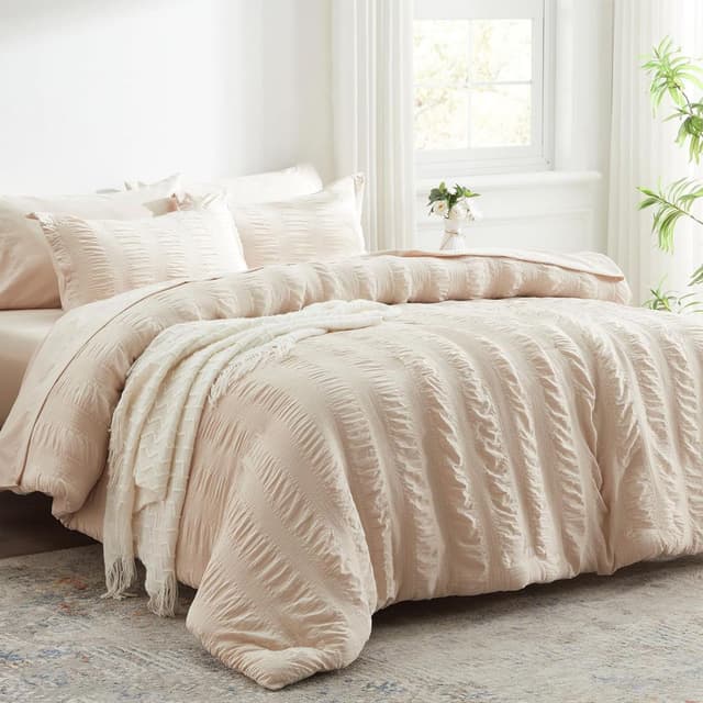Angebot: Tospass Seersucker Bettwäsche 155x220 cm Geprägt Gestreift Streifen Beige Creme