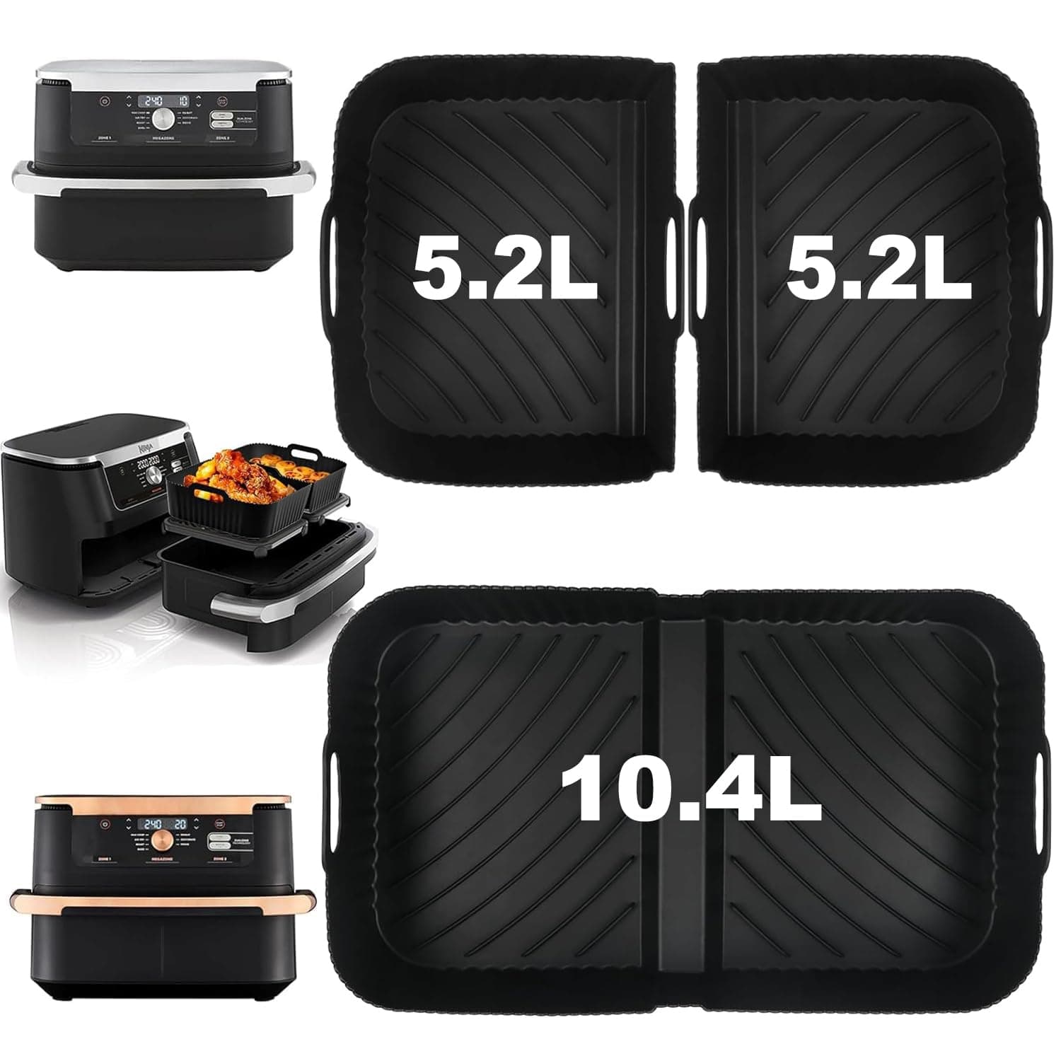 3 Stück Silikonform Heißluftfritteuse für Ninja Foodi Flexdrawer 10,4 L Heißluftfritteuse AF500DE, Cecotec 9000, 1×10.4L und 2×5.2L