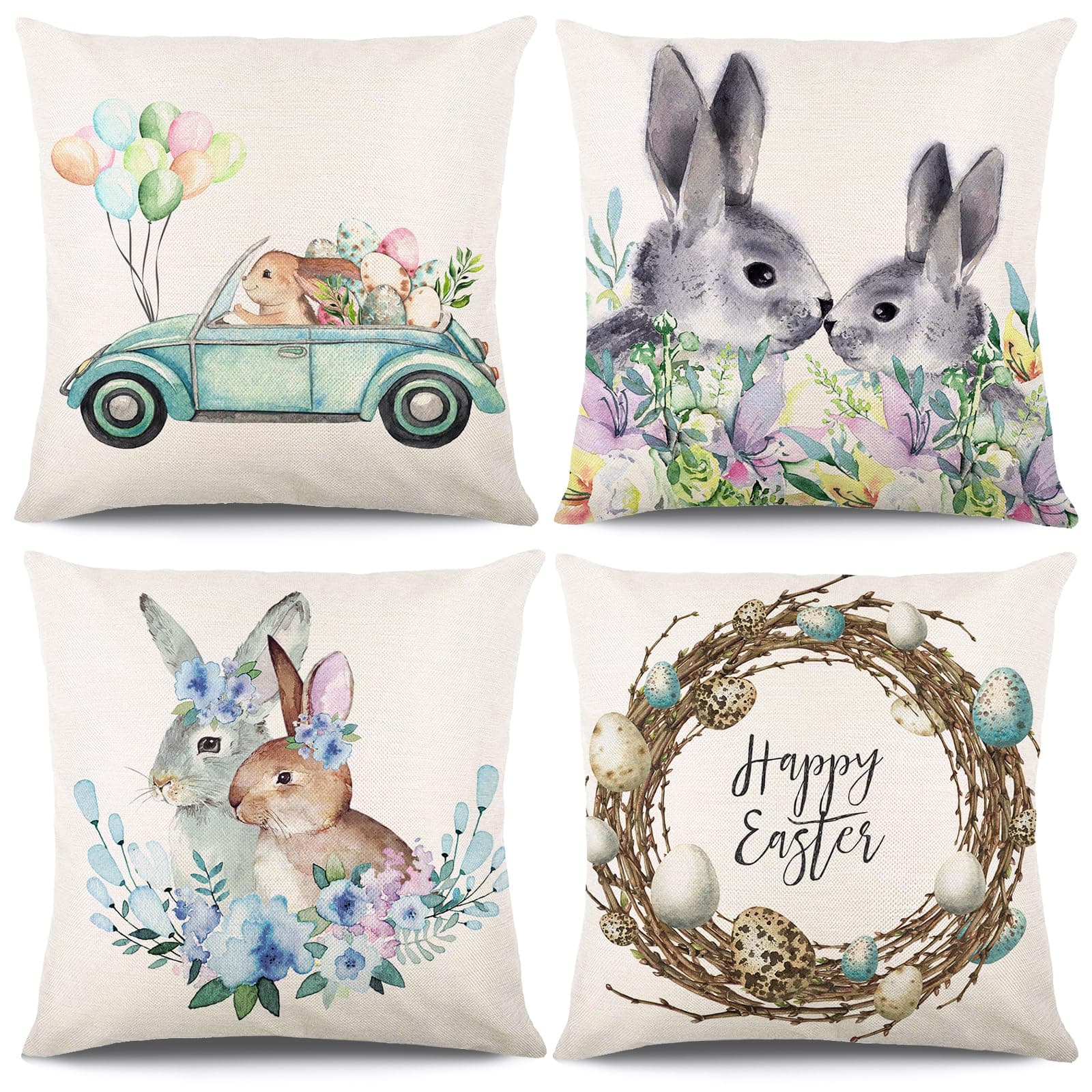 KIKISML 4 Stück Ostern Kissenbezug 🐰 | Baumwolle Leinen Drucken Ostern Zierkissenbezüge