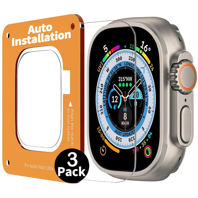 Uluck 3 Stück Panzerglas für Apple Watch Ultra 2/Ultra 49mm 🌟 Displayschutz mit Auto-Ausrichtungskit 📱