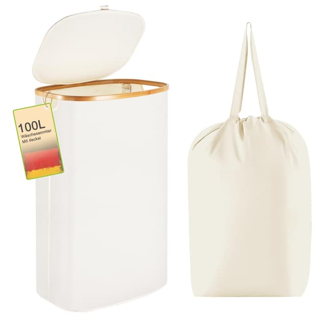 🧺 Wäschekorb -100L Waschbarer und hygienischer Groß Wäschesammler schmal mit herausnehmbarem Wäschesack-Wäschekorb mit Deckel & Bambusrand - Wäscheboxen - waschkorb (Weiß)