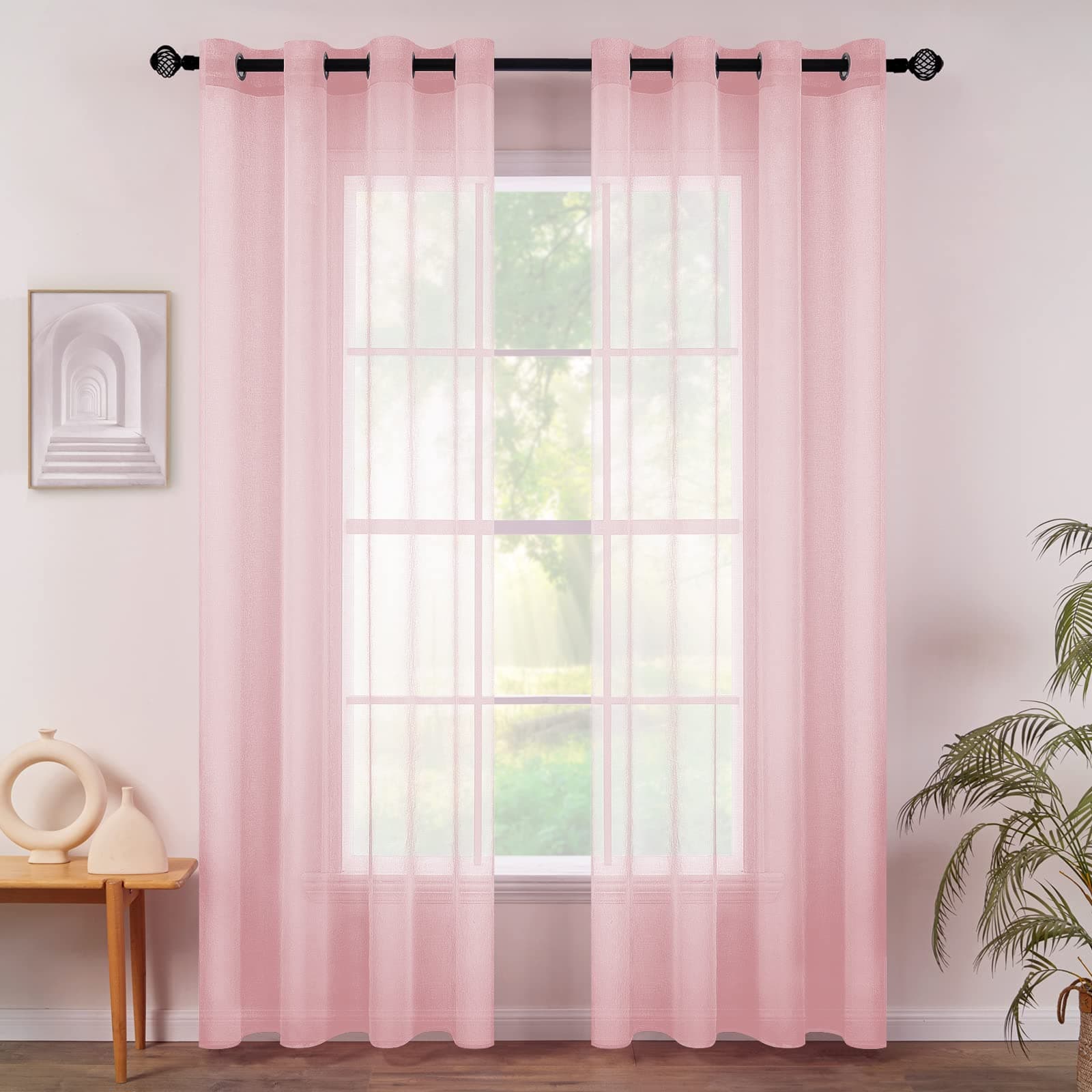 MIULEE Sheer Voile Vorhang 2er Set Rosa H145 x B140 cm