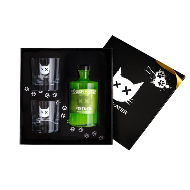BÖSER KATER Pistazien Likör Geschenkset 🎁 | Cremiger Pistacchio Geschmack 💚 | Vegan & Handgemacht | 0,5l 20% Vol.