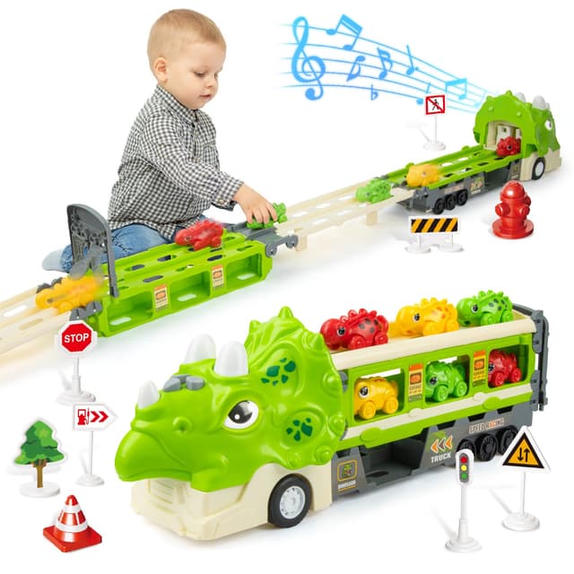 🦕🚚 Snookids Dinosaurier Truck Spielzeug für Kinder - Faltbarer Rennbahn Transporter Spielzeug mit 6 Dino Cars
