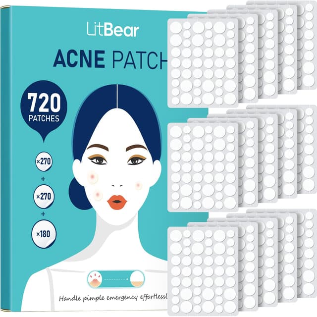 LitBear Akne Patches im Großpack, 720 Stück 3 Größen Hydrokolloid Akne Patches fürs Gesicht 🌟
