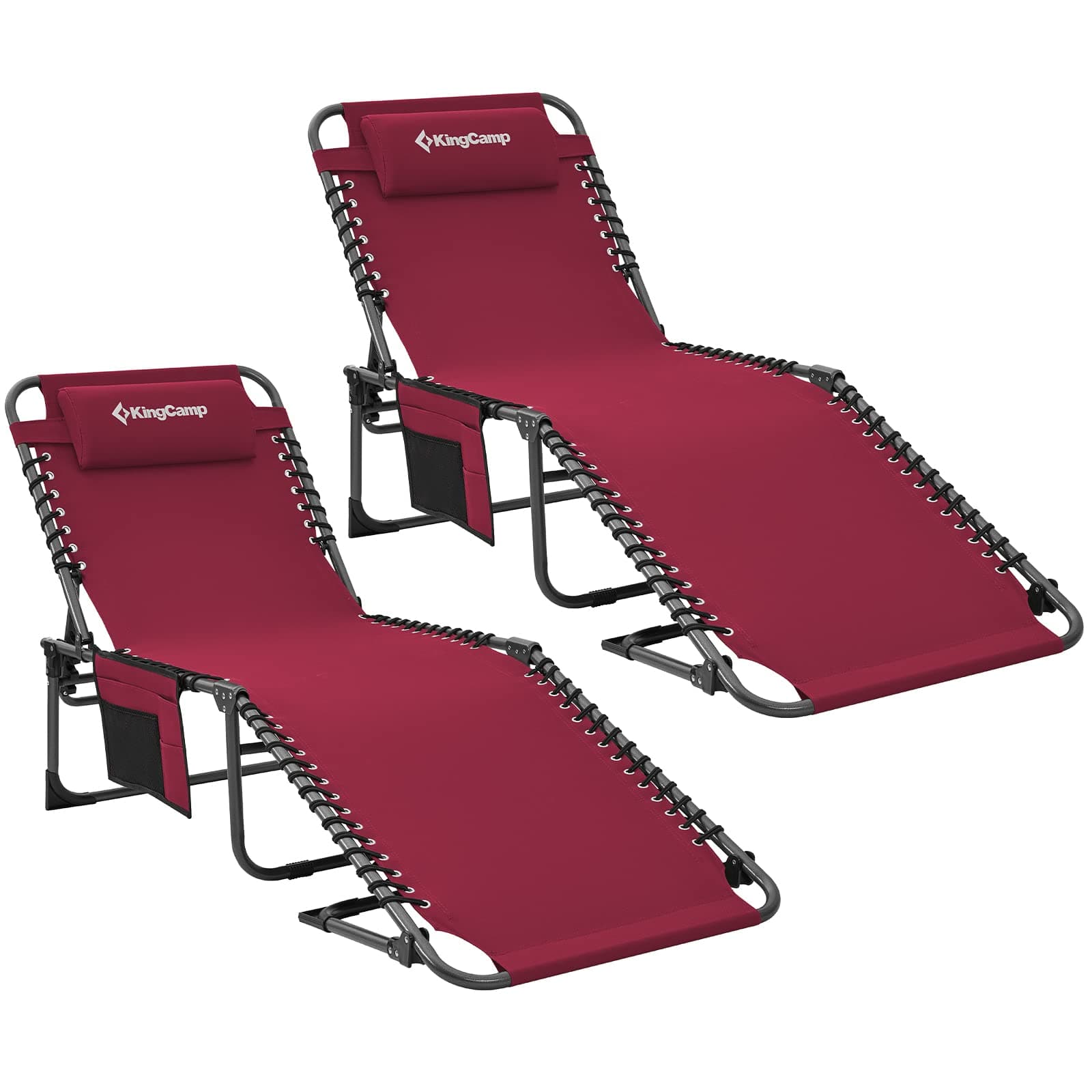🏕️ KingCamp Campingliege Sonnenliege Gartenliege Camping-Klappbett mit verstellbarem Rückenteil und Kopfkissen 2 Set Weinrot