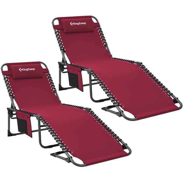 🏕️ KingCamp Campingliege Sonnenliege Gartenliege Camping-Klappbett mit verstellbarem Rückenteil und Kopfkissen 2 Set Weinrot