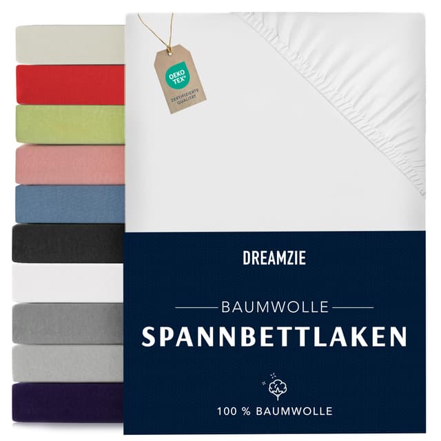 Dreamzie - Spannbettlaken 140x190/200cm - Baumwolle Oeko Tex Zertifiziert - Weiß - 100% Jersey Spannbetttuch 140x190/200 140 x 190/200 cm Weiß 🛌